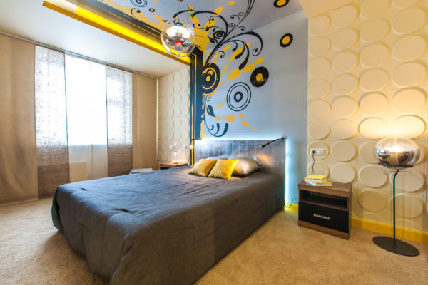 фото потолока из гипсокартона в спальню с росписями