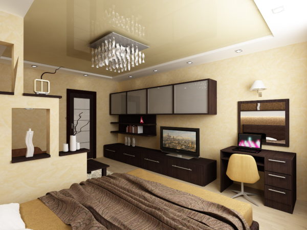 лаконичный дизайн спальни и гостиной