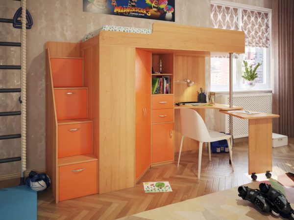 оранжевая кровать-чердак для подростка