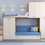 детская двухэтажная кровать с несколькими шкафами