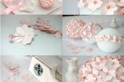 Декорирование шара из пенопласта при помощи бумажных цветочков и швейных иголок